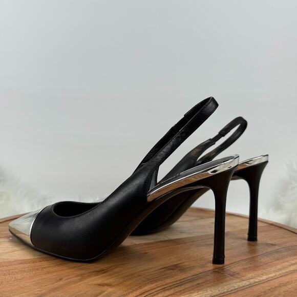 Nine West Sz 8M Black Silver Cap Toe Pointed Slingback Stiletto Heels Pumps Chic - Picture 8 of 14